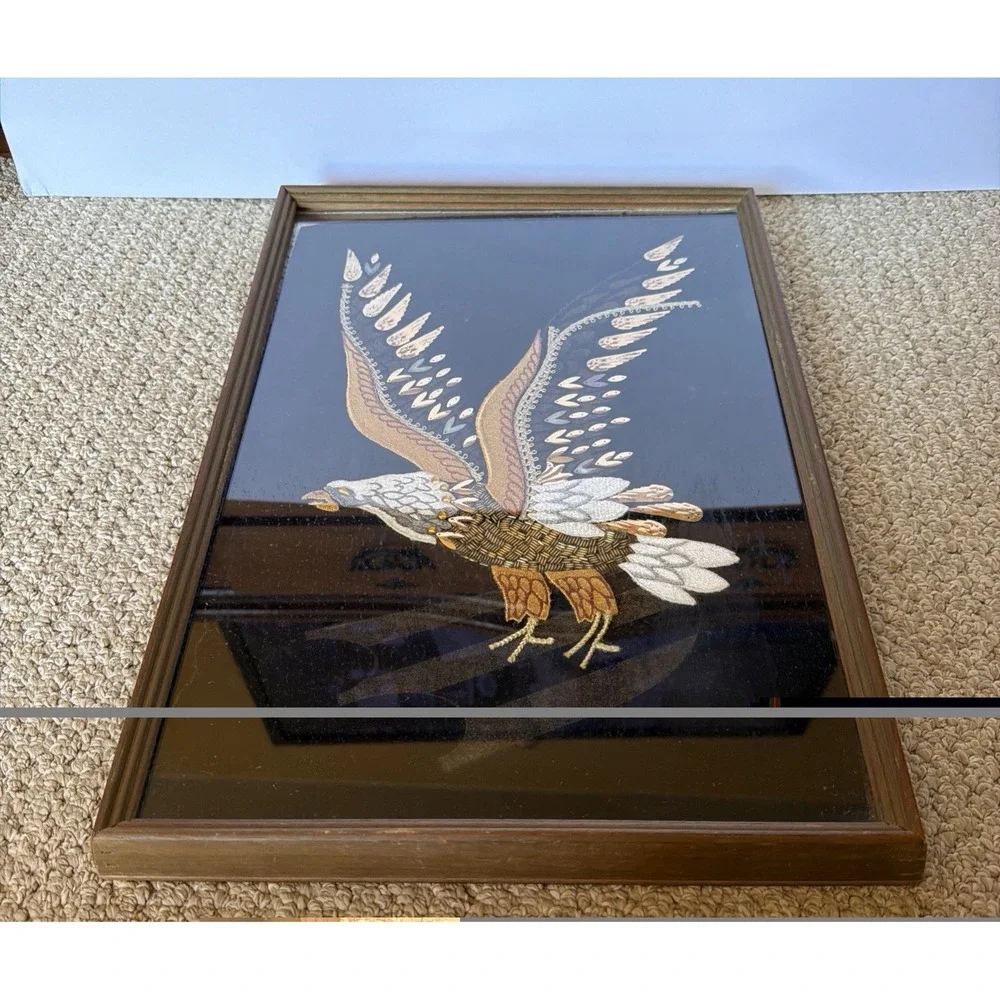Velvet Bald Eagle Silk Screen Beaded Sequin Embroidered Applique Framed Wall Art